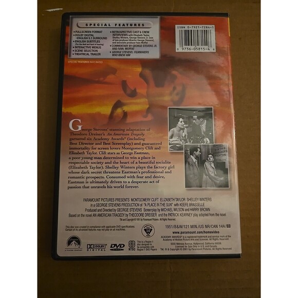 A Place in the Sun (DVD, 1951) Starring Elizabeth Taylor, Shelly Winters B&W - Picture 2 of 3